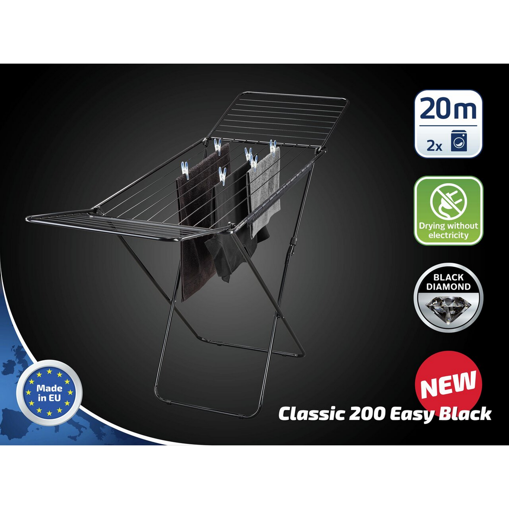 Leifheit Standtrockner 'Classic 200 Easy Black' 181 x 98 x 55 cm